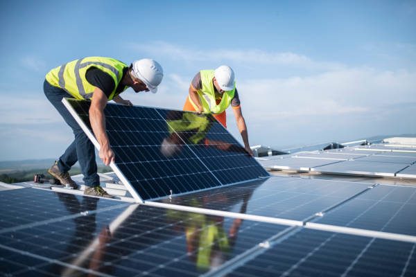 Team of two engineers installing solar panels on roof.